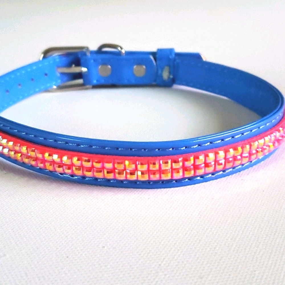Dog Collar Pink Iridescent Stones Faux Blue Paten